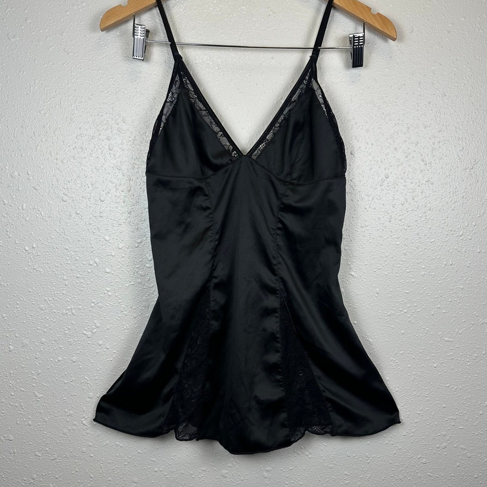 Starline M Babydoll Satin Slip Top Black Corset Style Back Lace Trim Whimsygoth